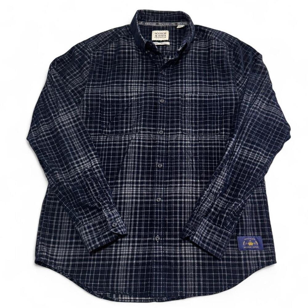 Scotch & Soda Men's Blue Plaid Flannel Button-Up Shirt Medium 100% Cotton